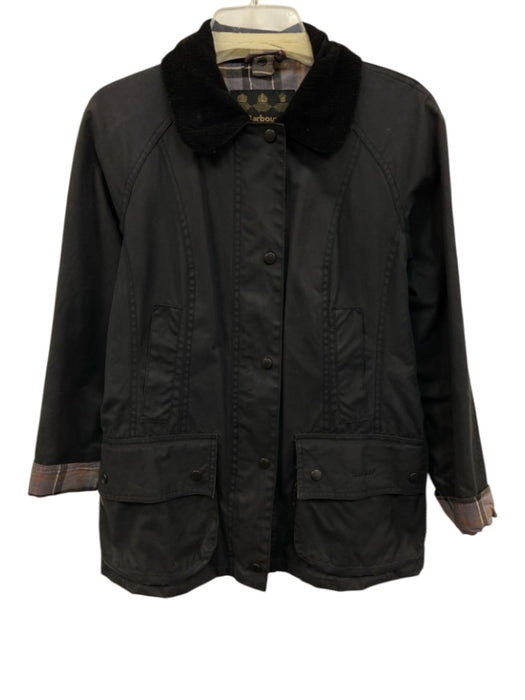 Barbour Size 6 Gray & Black Waxed Cotton Flap Pocket Zip & Snap Close Jacket Gray & Black / 6