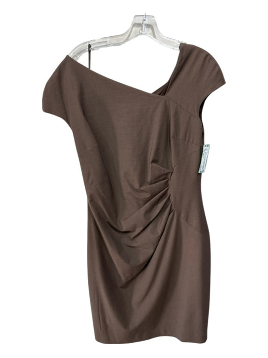 Magaschoni Size 14 Brown Cap Sleeve Sponge Asymmetric Neck Below knee Dress Brown / 14