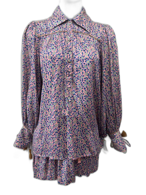 Omika Size XS Pink, Blue, Green Modal Long Sleeve Floral Half Button Short Set Pink, Blue, Green / XS