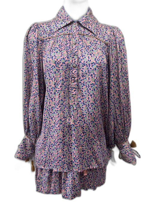 Omika Size XS Pink, Blue, Green Modal Long Sleeve Floral Half Button Short Set Pink, Blue, Green / XS