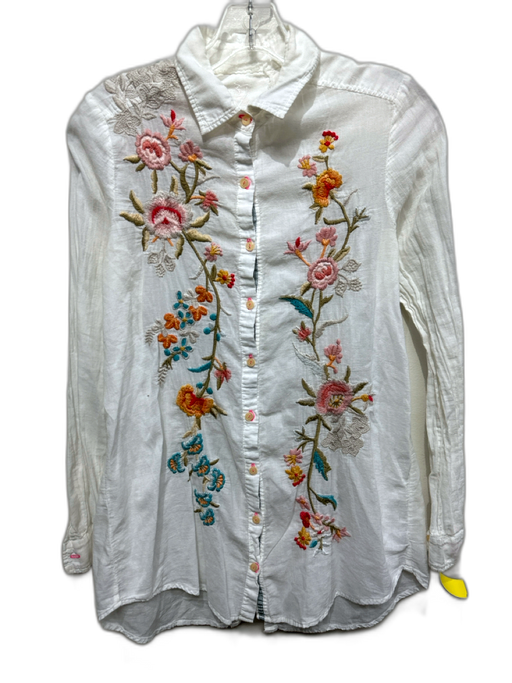 Johnny Was Workshop Size Small White & Multi Cotton Long Sleeve Button Front Top White & Multi / Small