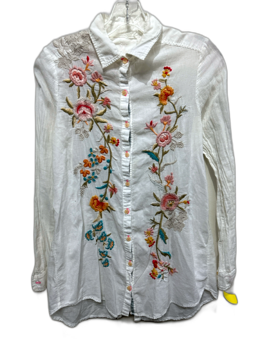 Johnny Was Workshop Size Small White & Multi Cotton Long Sleeve Button Front Top White & Multi / Small