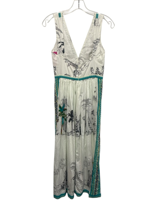 Le Sirenuse Size 38 White & Multi Cotton Sleeveless V Neck all over Dress White & Multi / 38
