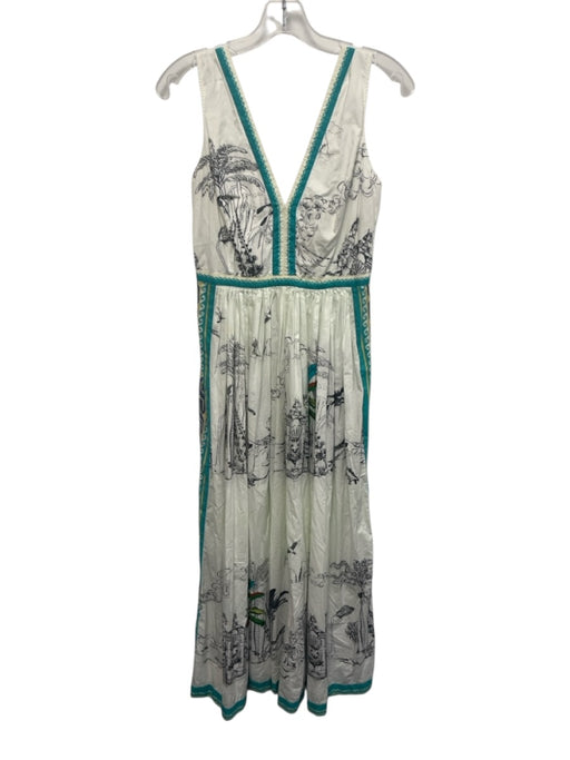 Le Sirenuse Size 38 White & Multi Cotton Sleeveless V Neck all over Dress White & Multi / 38