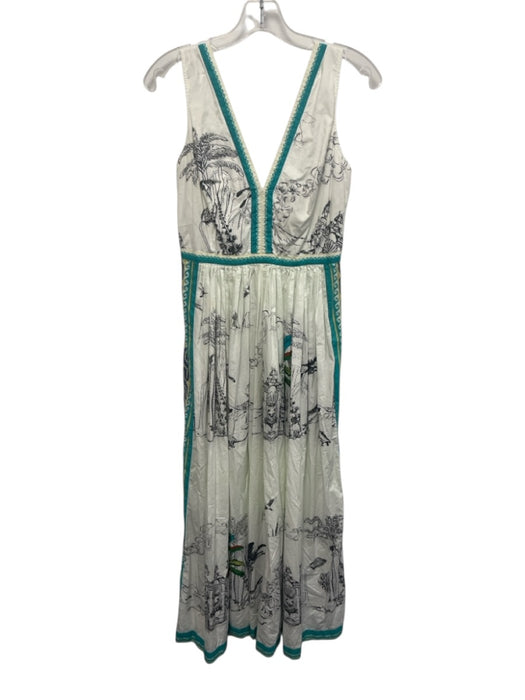 Le Sirenuse Size 38 White & Multi Cotton Sleeveless V Neck all over Dress White & Multi / 38