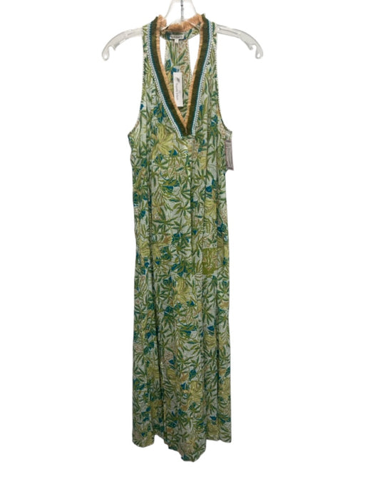 Poupette St. Barth Size S White, Green, Multi Cotton Fringe Swiss Dot Maxi Dress White, Green, Multi / S