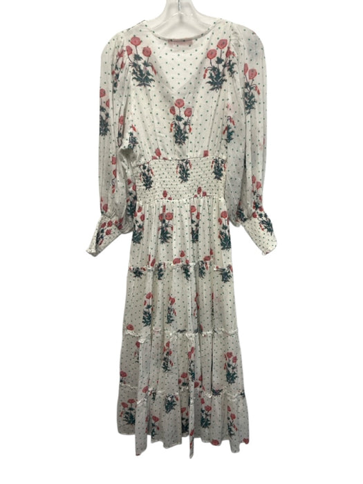 Oliphant Size XS White & Multi Cotton Long Sleeve Surplice Dots Floral Dress White & Multi / XS