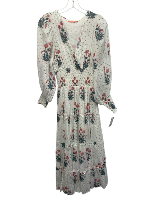 Oliphant Size XS White & Multi Cotton Long Sleeve Surplice Dots Floral Dress White & Multi / XS