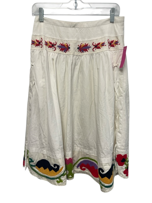 Etro Size 42 White & Multi Cotton Midi Back Zip Embroidered Skirt White & Multi / 42