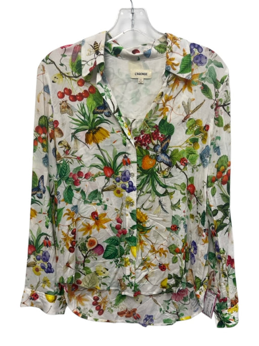 L'agence Size XS White & Multi Viscose Long Sleeve Flora & Fauna Collar Top White & Multi / XS