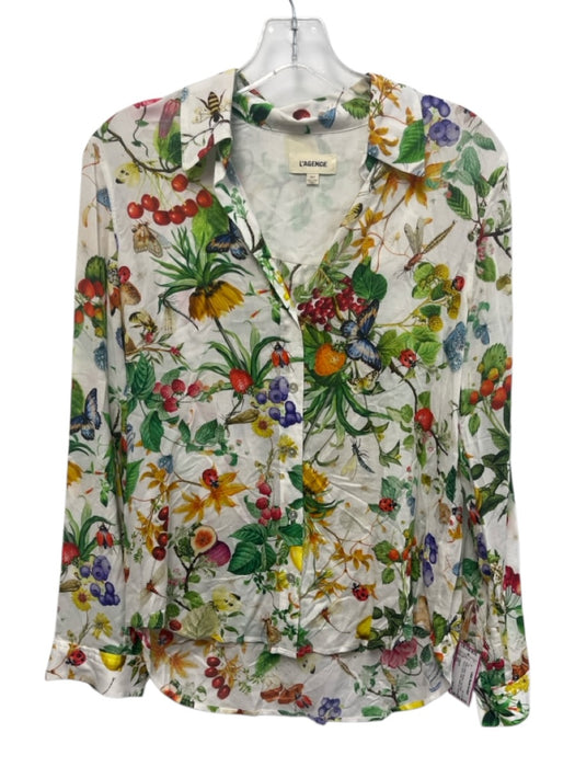 L'agence Size XS White & Multi Viscose Long Sleeve Flora & Fauna Collar Top White & Multi / XS