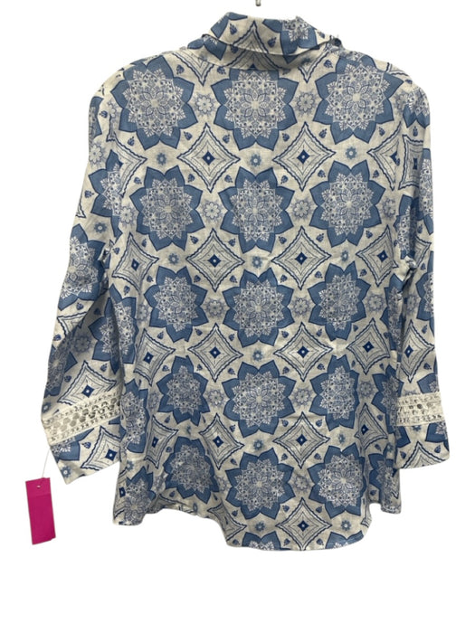 Temptation Positano Size S Blue & White Linen Long Sleeve Button Up Mandala Top Blue & White / S