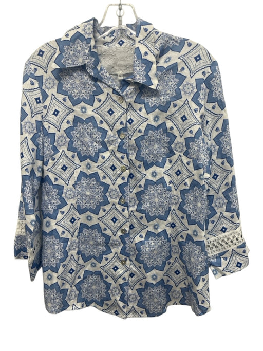 Temptation Positano Size S Blue & White Linen Long Sleeve Button Up Mandala Top Blue & White / S