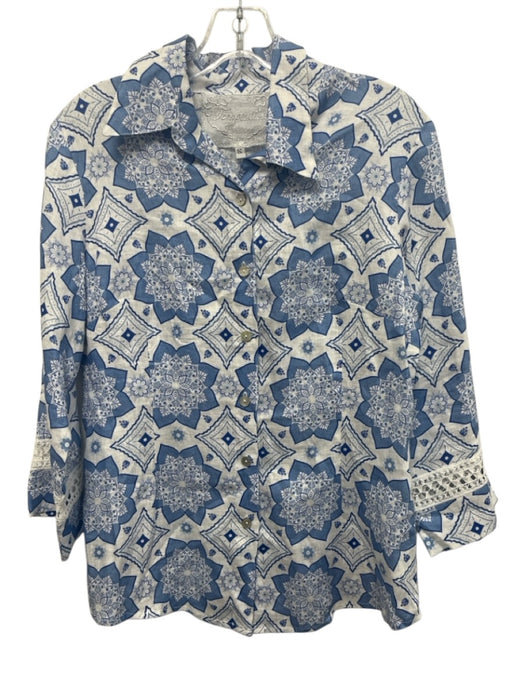 Temptation Positano Size S Blue & White Linen Long Sleeve Button Up Mandala Top Blue & White / S