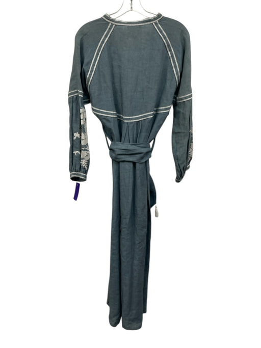 Guadalupe Size S Blue & White Cotton Long Sleeve Embroidered Snap Up Midi Dress Blue & White / S