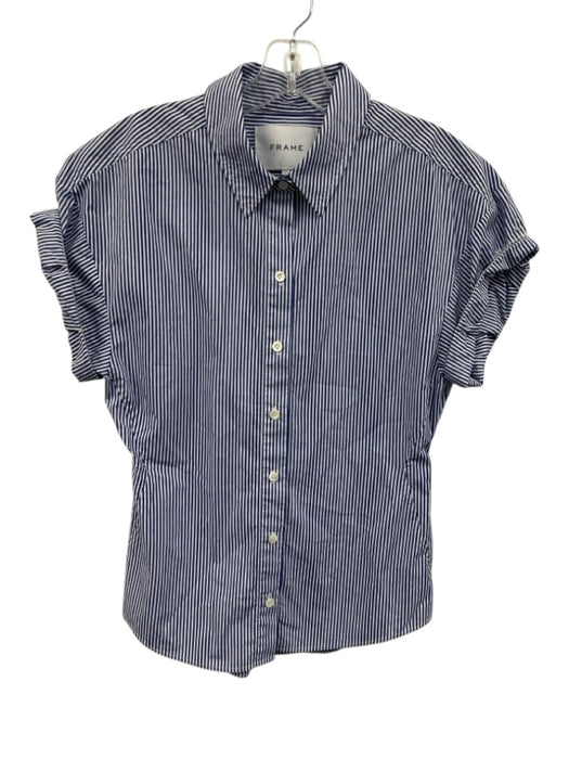 Frame Size S Blue & White Cotton Cap Sleeve Stripe Buttons Blouse Top Blue & White / S