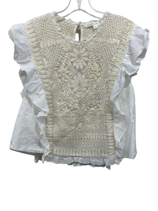 Veronica Beard Size 16 White & Cream Cotton Ruffle Cap Sleeve Keyhole Back Top White & Cream / 16