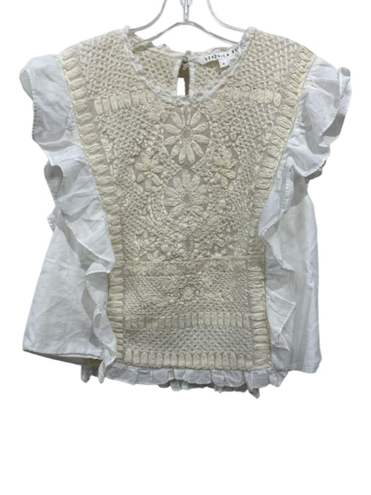Veronica Beard Size 16 White & Cream Cotton Ruffle Cap Sleeve Keyhole Back Top White & Cream / 16