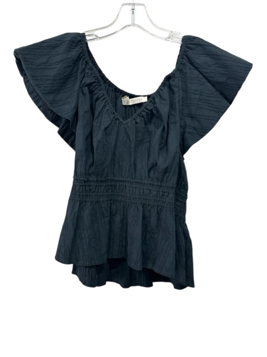 Marie Oliver Size L Black Cotton Blend Ruffle Cap Sleeve Elastic Neck Top Black / L