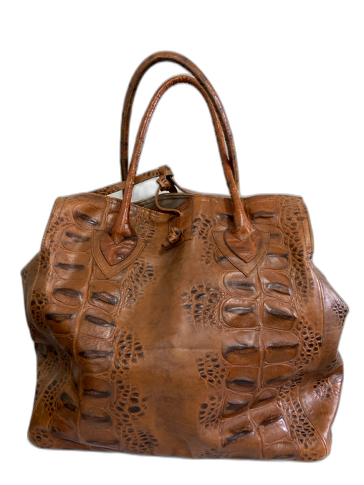 Let & Her Tan Brown Leather Croc Embossed Tie Top Two Handle Satchel Bag Tan Brown
