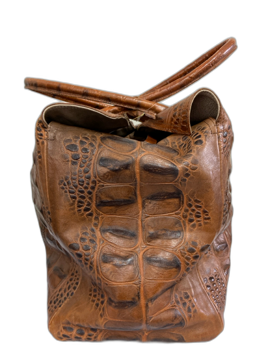 Let & Her Tan Brown Leather Croc Embossed Tie Top Two Handle Satchel Bag Tan Brown