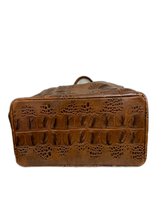 Let & Her Tan Brown Leather Croc Embossed Tie Top Two Handle Satchel Bag Tan Brown