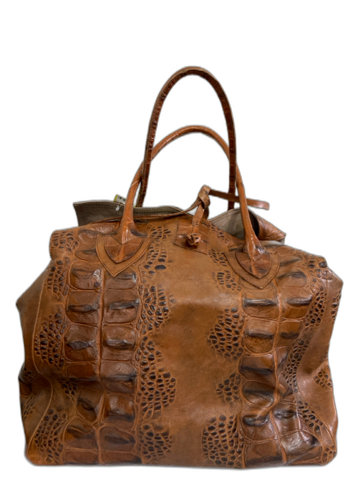 Let & Her Tan Brown Leather Croc Embossed Tie Top Two Handle Satchel Bag Tan Brown