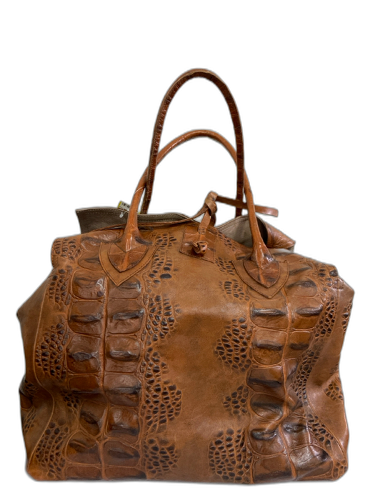 Let & Her Tan Brown Leather Croc Embossed Tie Top Two Handle Satchel Bag Tan Brown