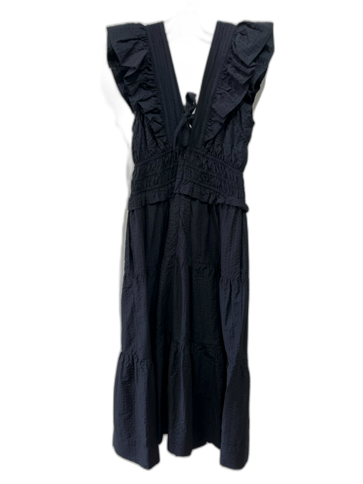 Sea New York Size M Black Cotton Blend Seersucker Elastic Waist V Neck Dress Black / M