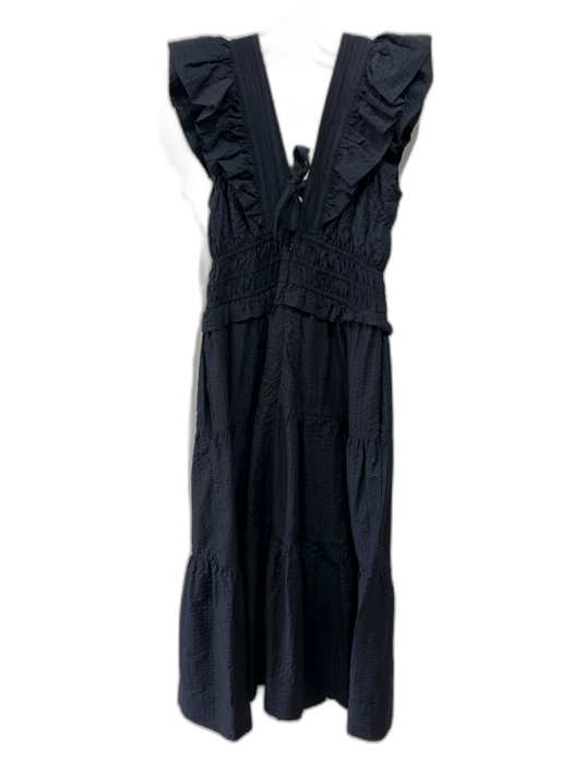 Sea New York Size M Black Cotton Blend Seersucker Elastic Waist V Neck Dress Black / M