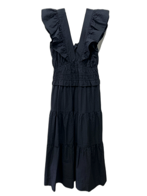 Sea New York Size M Black Cotton Blend Seersucker Elastic Waist V Neck Dress Black / M