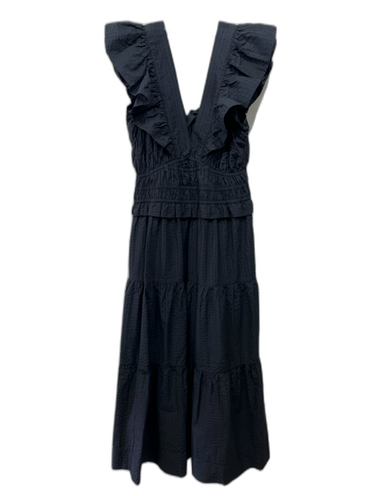 Sea New York Size M Black Cotton Blend Seersucker Elastic Waist V Neck Dress Black / M