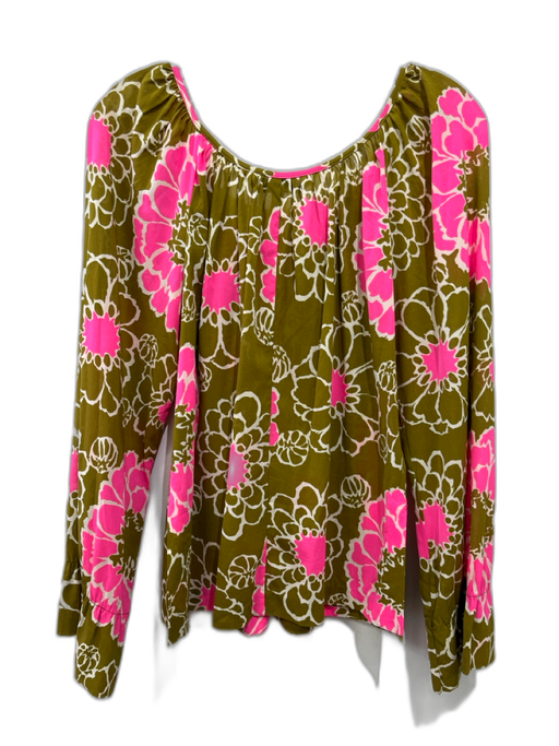 Trina Turk Size M Green, Pink, Beige Silk Blend Flowers Drawstring Neck Top Green, Pink, Beige / M