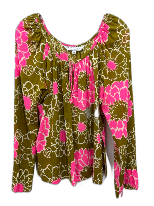 Trina Turk Size M Green, Pink, Beige Silk Blend Flowers Drawstring Neck Top Green, Pink, Beige / M