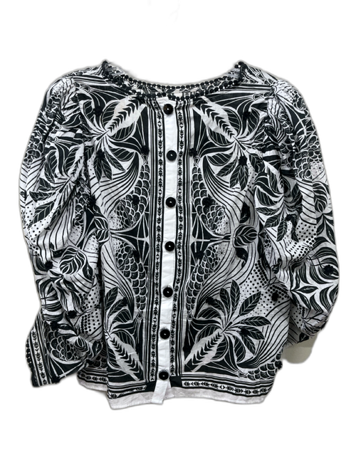 Farm Rio Size L Black & White Cotton Flower Applique Abstract Button Back Top Black & White / L