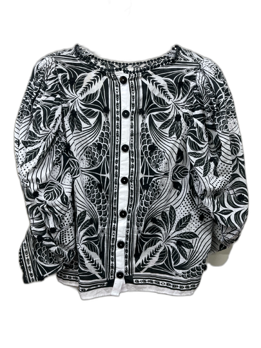 Farm Rio Size L Black & White Cotton Flower Applique Abstract Button Back Top Black & White / L