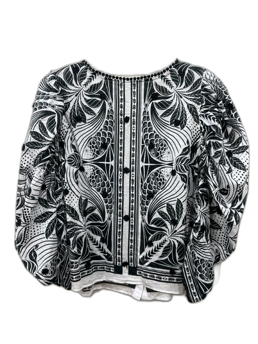 Farm Rio Size L Black & White Cotton Flower Applique Abstract Button Back Top Black & White / L
