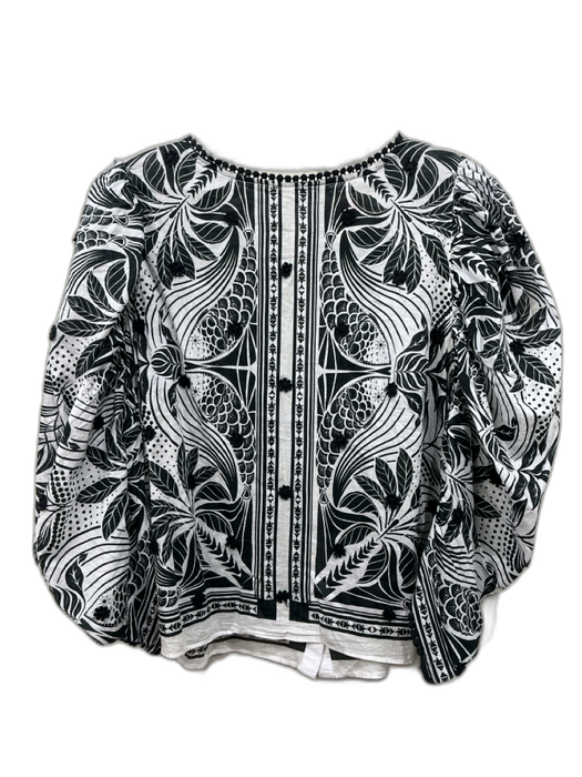 Farm Rio Size L Black & White Cotton Flower Applique Abstract Button Back Top Black & White / L
