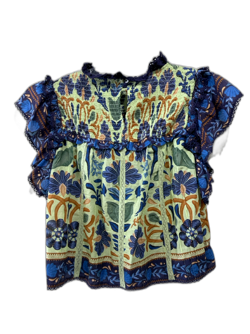 Farm Rio Size L Blue & Green Cotton Shirred Flowers & Leaves Cut Out Top Blue & Green / L
