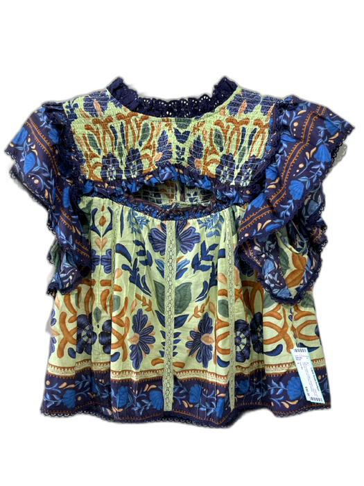 Farm Rio Size L Blue & Green Cotton Shirred Flowers & Leaves Cut Out Top Blue & Green / L
