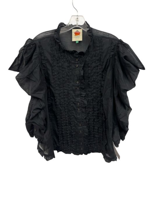 Farm Rio Size XL Black Cotton Long puff sleeve Lace Detail Pintuck Top Black / XL