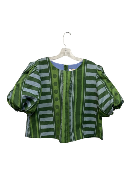 Emily McCarthy Size Large Green & Blue Polyester Blend Short Puff Sleeve Top Green & Blue / Large