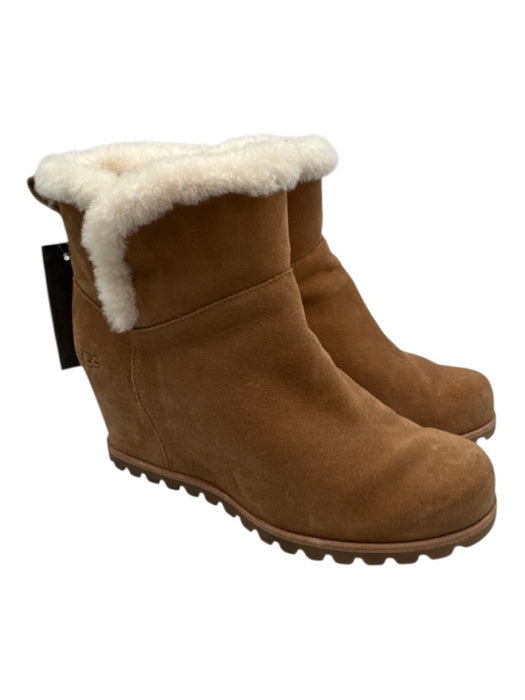 Ugg Shoe Size 9 Tan Brown Sheep Leather Shearling Round Toe Wedge Booties Tan Brown / 9