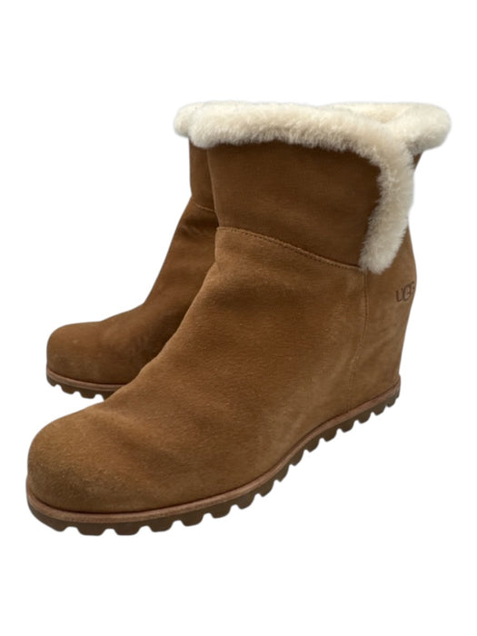 Ugg Shoe Size 9 Tan Brown Sheep Leather Shearling Round Toe Wedge Booties Tan Brown / 9
