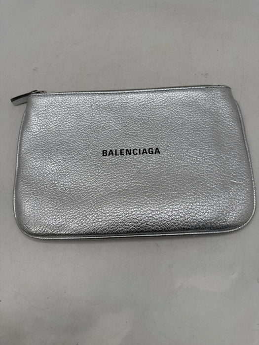 Balenciaga Silver Leather Metallic Logo Pouch Clutch
