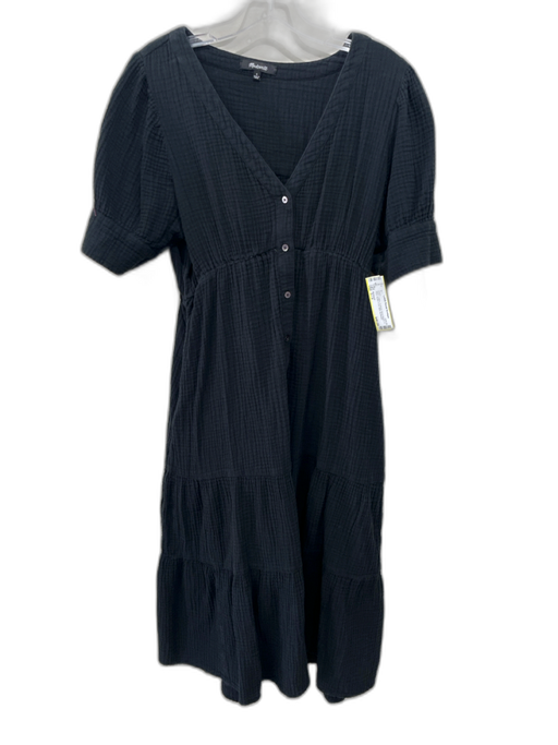 Madewell Size S / 6 Black Cotton Textured Short Sleeve V Neck Button Front Dress Black / S / 6