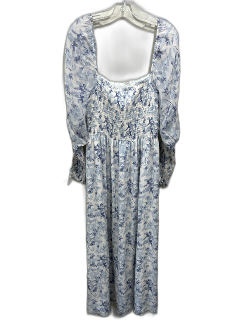 Hill House Size L Blue & White Viscose Floral Long Sheer Sleeve Smocked Dress Blue & White / L