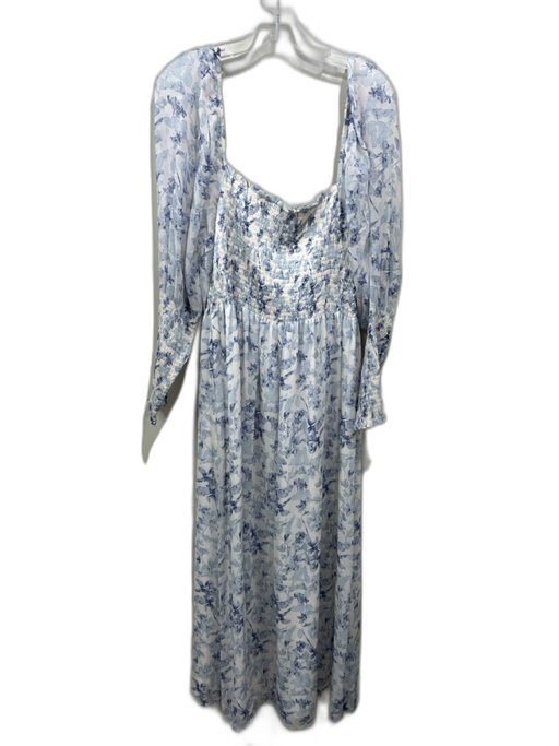 Hill House Size L Blue & White Viscose Floral Long Sheer Sleeve Smocked Dress Blue & White / L