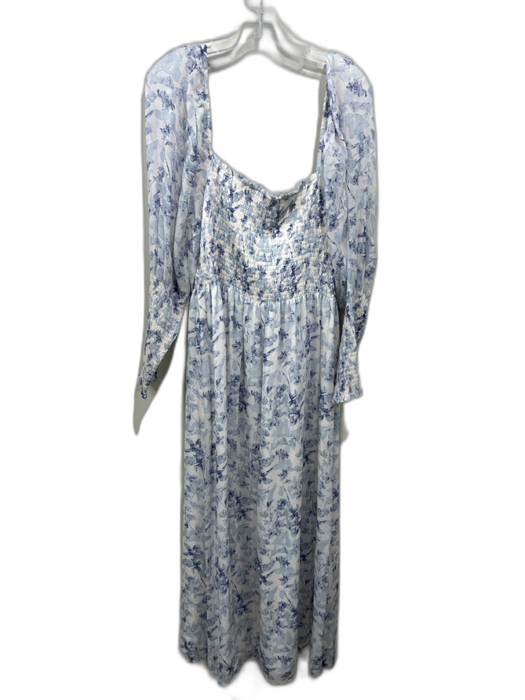 Hill House Size L Blue & White Viscose Floral Long Sheer Sleeve Smocked Dress Blue & White / L