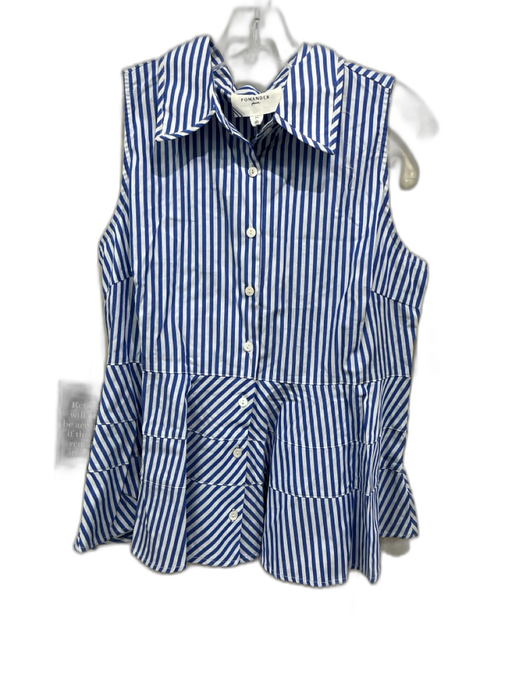 Pomander Place Size M Blue & White Cotton Striped Sleeveless Collar Top Blue & White / M
